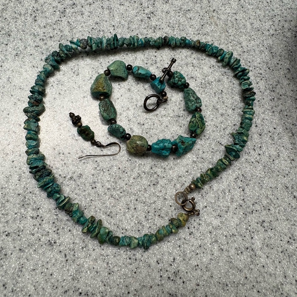 Turquoise Chip Necklace, Bracelet and Earring Set - Green-Blue Gemstone